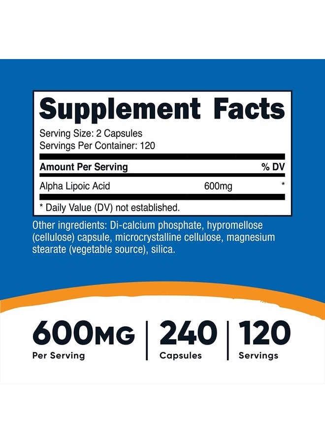 Nutricost حمض ألفا ليبويك 600 ملغ لكل حصة، 240 كبسولة - خالي من الغلوتين، كبسولات نباتية، خالي من الصويا وغير معدلة وراثيًا - Image 4