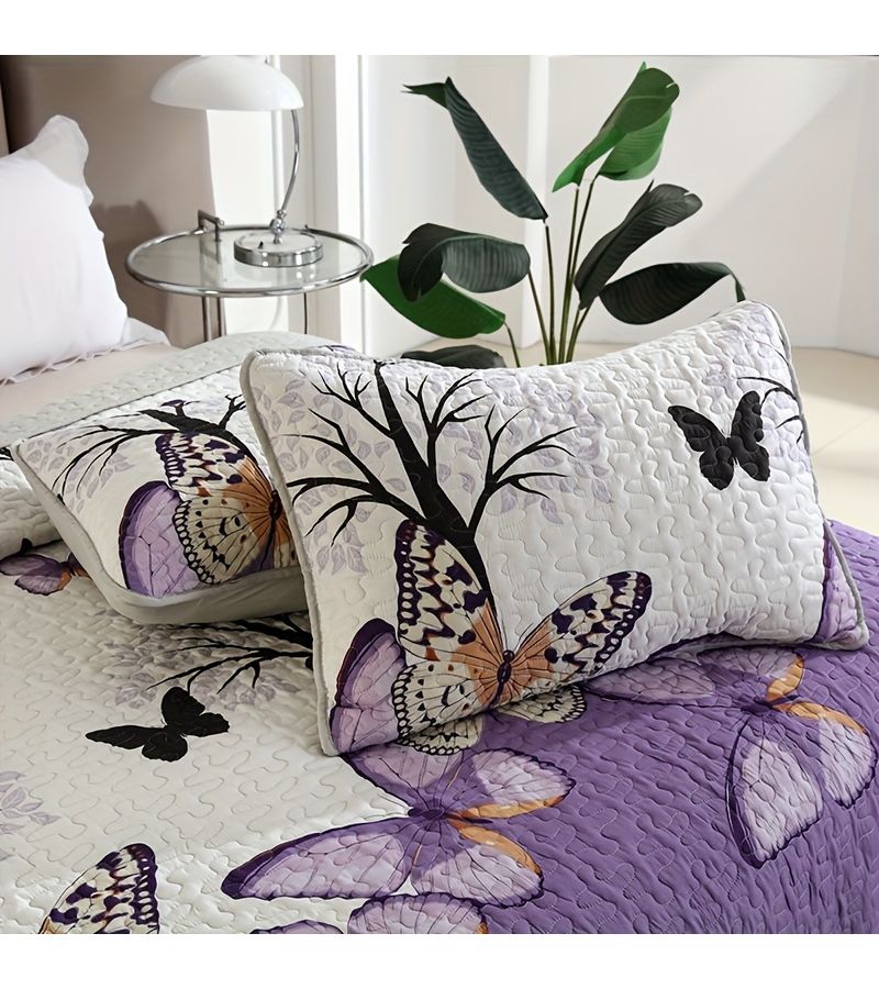 3Pcs Velvet Printed Quilted Bedding Set In Purple Floral For Full Queen Size - Image 4