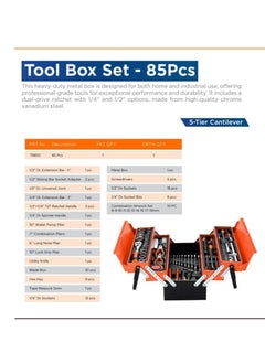 Tool Box Set 85 Pcs     This heavy-duty metal box is designed for both home and industrial use, offering professional-grade tools for exceptional performance and durability. It includes a dual-drive ratchet with 1/4″ and 1/2″ options, made from high-quality chrome vanadium steel.