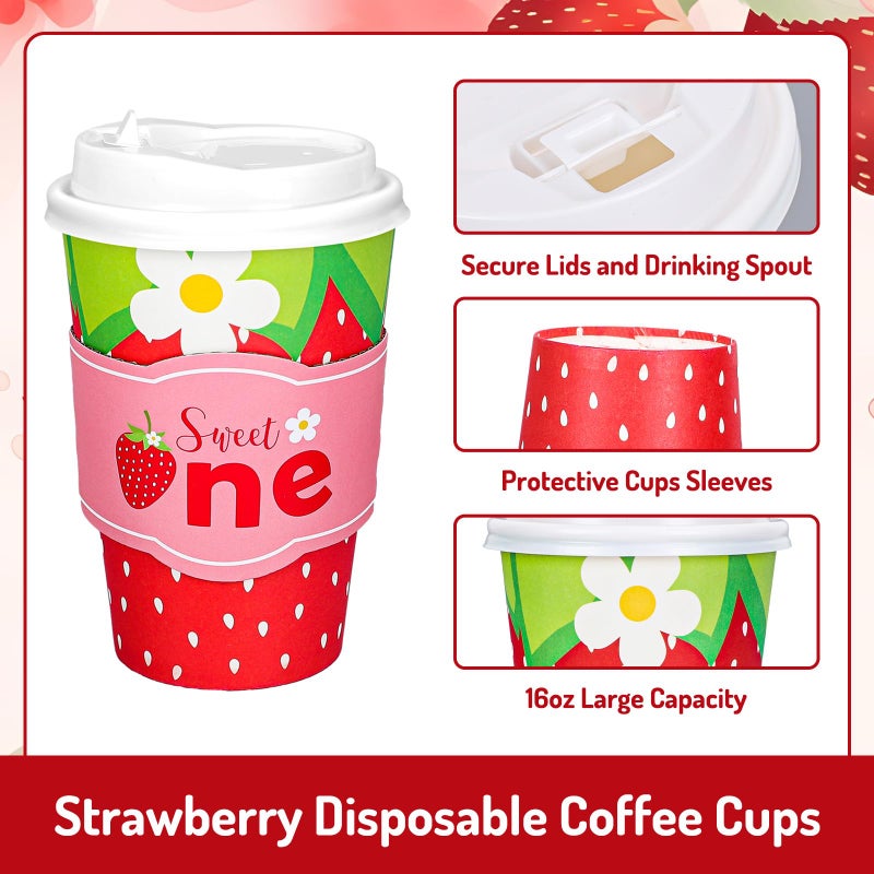 Whaline 50 Set Strawberry Disposable Coffee Cups with Lids and Sleeves 16oz Red Strawberry Flower To Go Hot Paper Drinking Cups for Spring Summer Flower Tea Birthday Wedding Baby Shower Party Supplies - Image 3