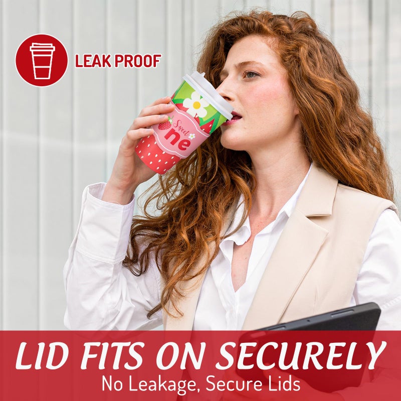 Whaline 50 Set Strawberry Disposable Coffee Cups with Lids and Sleeves 16oz Red Strawberry Flower To Go Hot Paper Drinking Cups for Spring Summer Flower Tea Birthday Wedding Baby Shower Party Supplies - Image 5