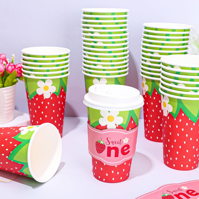Whaline 50 Set Strawberry Disposable Coffee Cups with Lids and Sleeves 16oz Red Strawberry Flower To Go Hot Paper Drinking Cups for Spring Summer Flower Tea Birthday Wedding Baby Shower Party Supplies - Image 4