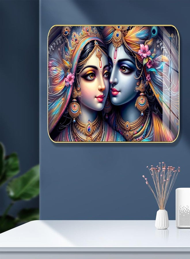 Masstone Radha Krishna Crystal Embedded High Gloss Wall Painting, Golden Slim Frame, 45x30 Cm Wall Art for Living Room, Bedroom, Office & Home Décor (CRG36) - Image 1