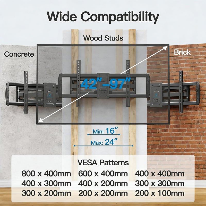 PERLESMITH Full Motion TV Wall Mount for 42â€-97â€ TVs up to 165lbs, TV Mount Bracket with Dual Articulating Arms Swivel Tilt Extension, Max VESA 800x400mm, Fits 16â€18â€ to 24" Studs, PSXFK1 - Image 2