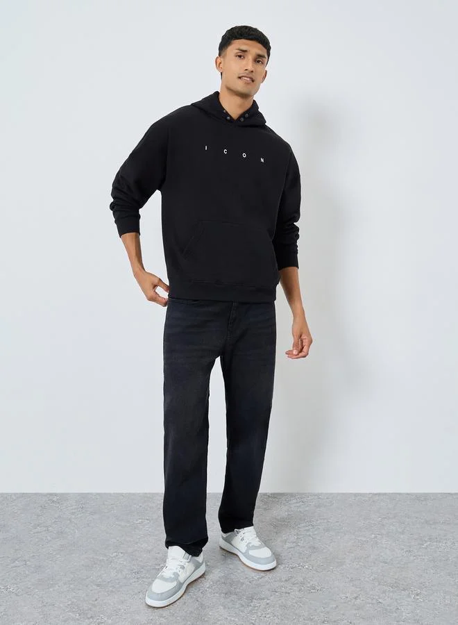 Styli Men Black Oversized Text Print Fleece Hoodie