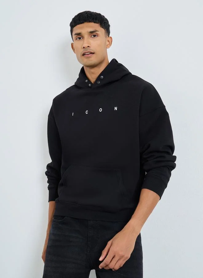 Styli Men Black Oversized Text Print Fleece Hoodie