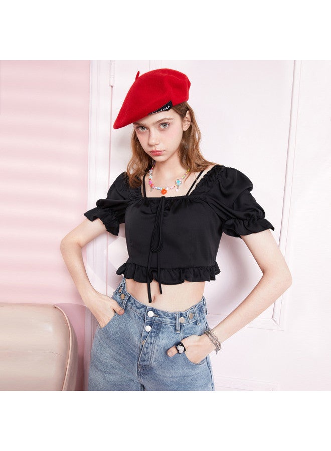 EPTISON Women's Summer Sweet Ruffle Spliced Shirt Slim Fit Short Length Square Neck Blouse - Image 2