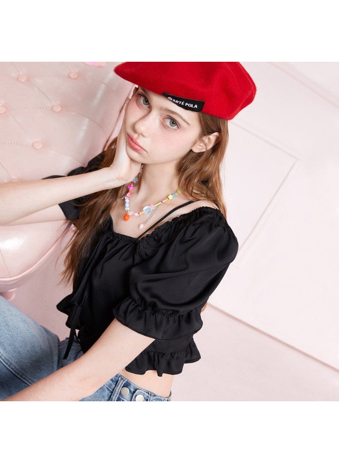 EPTISON Women's Summer Sweet Ruffle Spliced Shirt Slim Fit Short Length Square Neck Blouse - Image 4