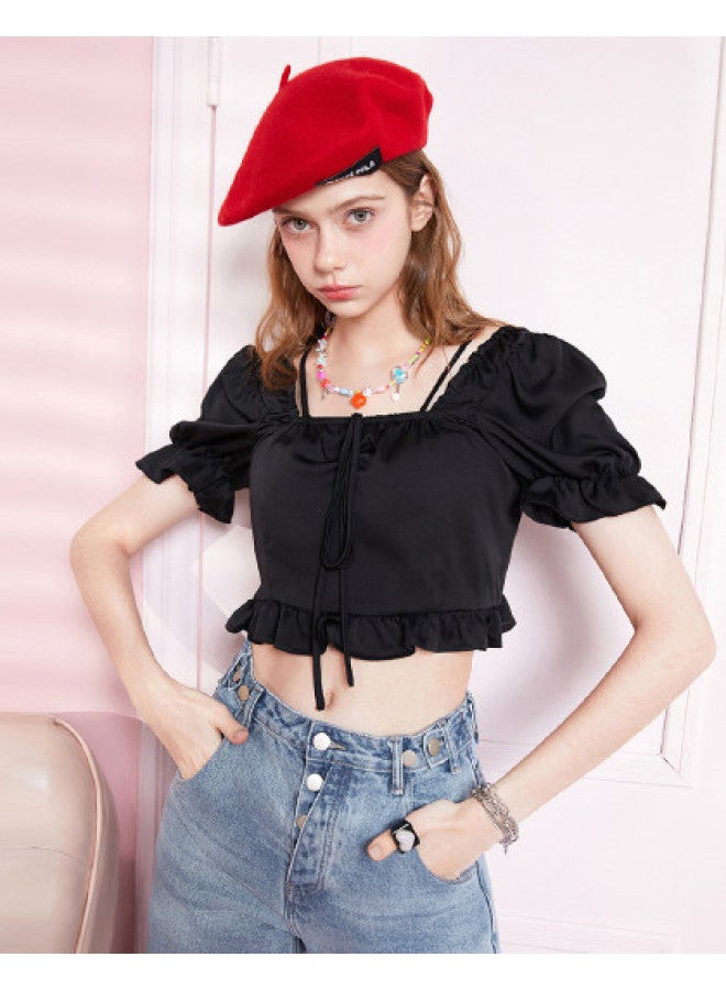 EPTISON Women's Summer Sweet Ruffle Spliced Shirt Slim Fit Short Length Square Neck Blouse - Image 1