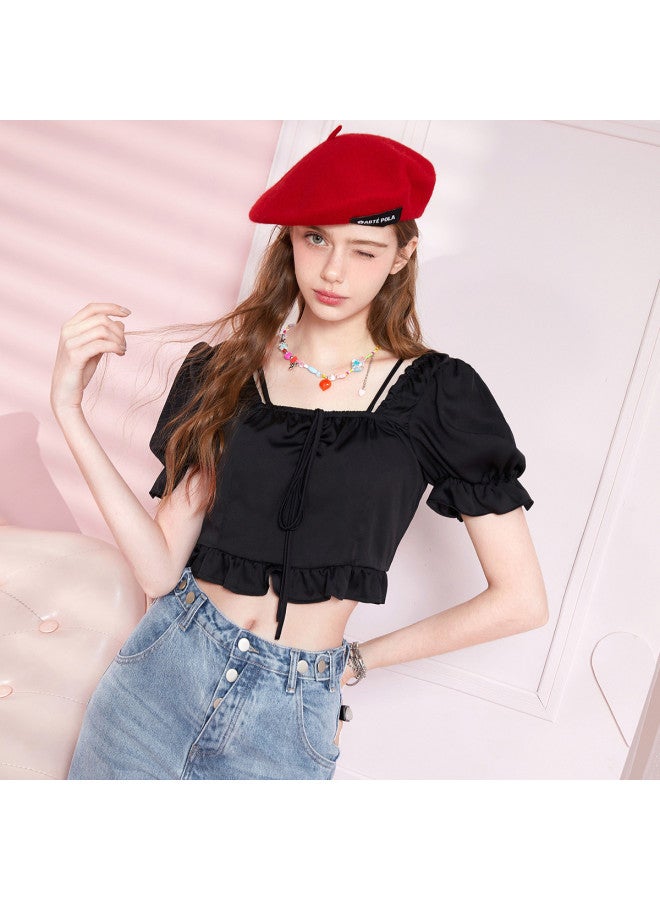 EPTISON Women's Summer Sweet Ruffle Spliced Shirt Slim Fit Short Length Square Neck Blouse - Image 3