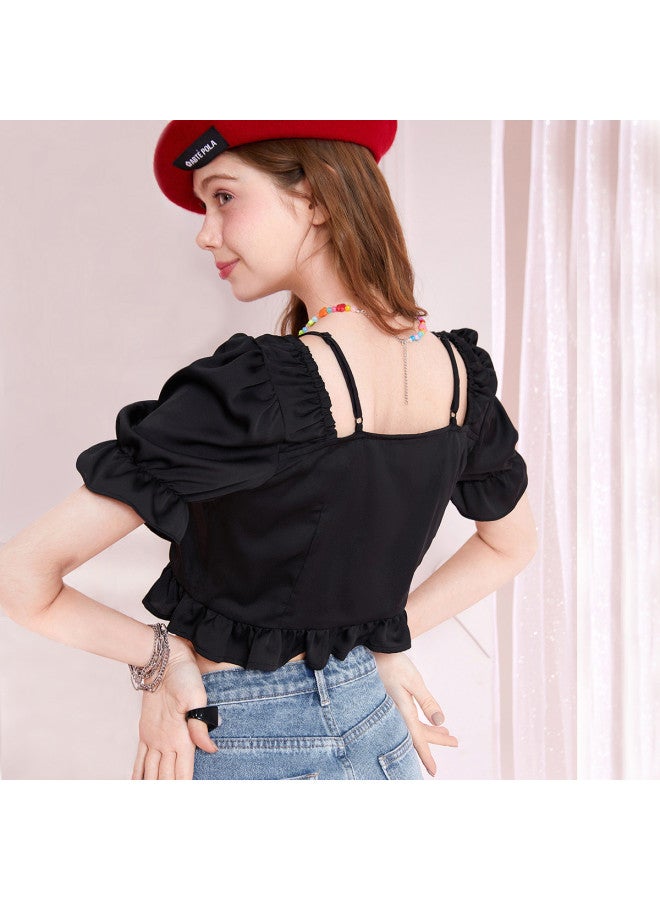 EPTISON Women's Summer Sweet Ruffle Spliced Shirt Slim Fit Short Length Square Neck Blouse - Image 5
