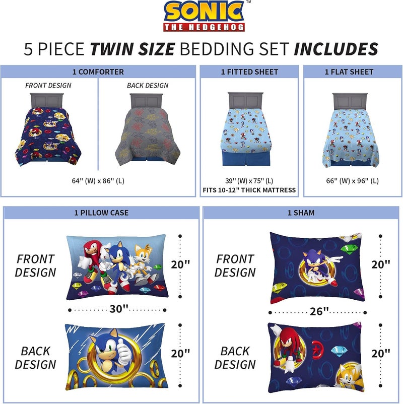 Franco Kids Bedding Super Soft Comforter and Sheet Set with Sham, 5 Piece Twin Size, Sonic The Hedgehog, Anime - Image 4