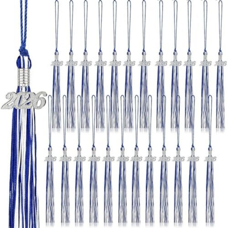 24 Pieces Graduation Tassels with 2026 Year Date Charms Grad Graduation Cap Tassel tion for 2026 Party Gifts Activities, 16.2 Inch Royal Blue, White, Silver - Image 1