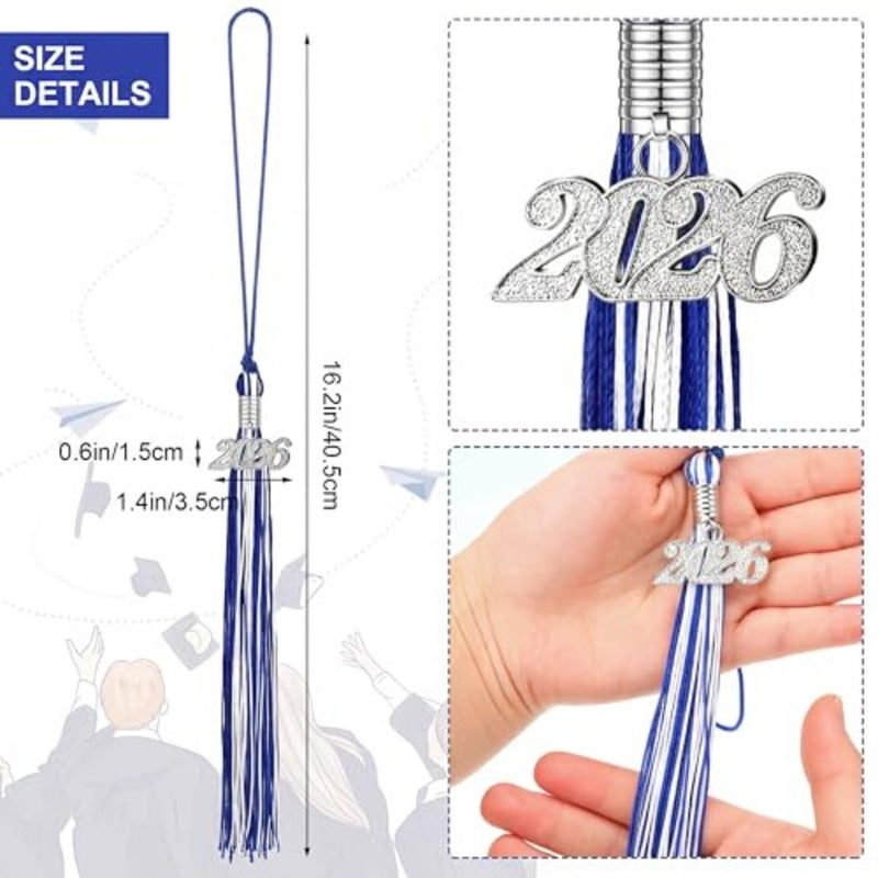 24 Pieces Graduation Tassels with 2026 Year Date Charms Grad Graduation Cap Tassel tion for 2026 Party Gifts Activities, 16.2 Inch Royal Blue, White, Silver - Image 2