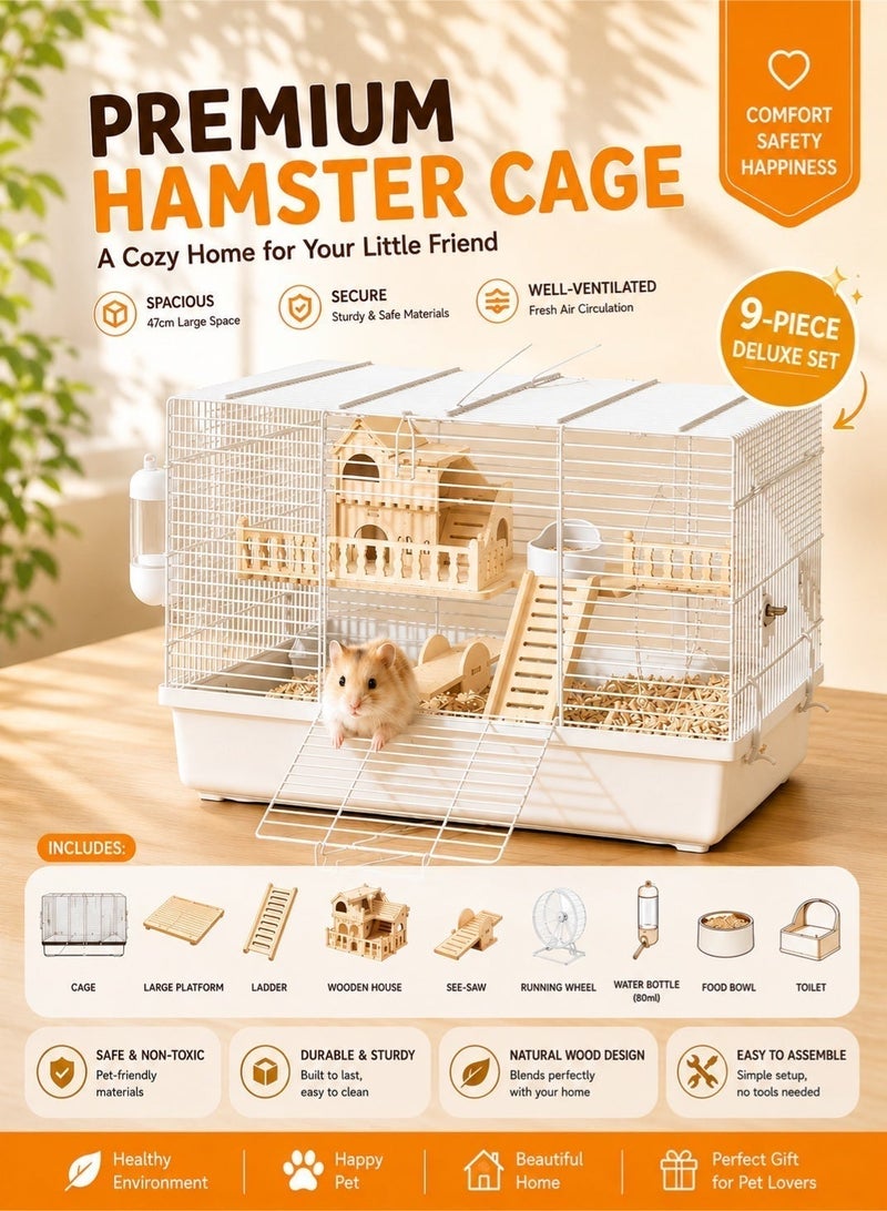 Saudi Select 9 in 1 Hamster Cage, Luxurious Hamster House with Full Viewing, 2-Layer DIY Small Pet Playpen Kennel with All Accessories, Habitat for Golden Bears, Hedgehogs, Gerbils 47x30x30cm - Image 1