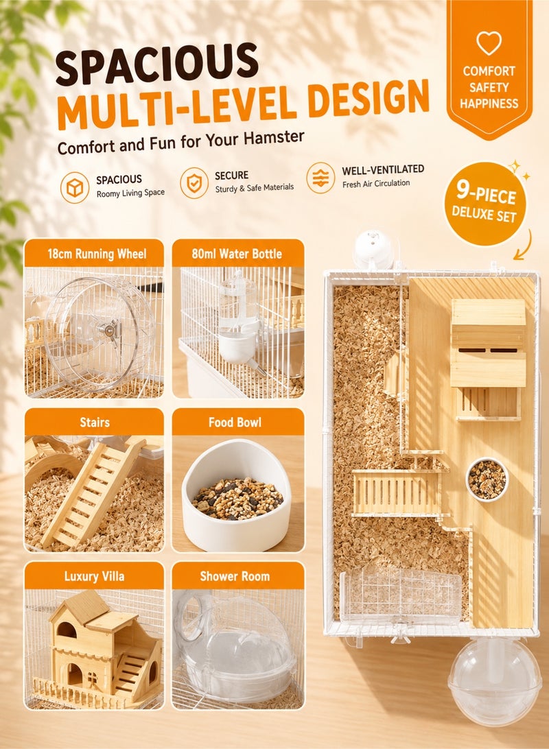 Saudi Select 9 in 1 Hamster Cage, Luxurious Hamster House with Full Viewing, 2-Layer DIY Small Pet Playpen Kennel with All Accessories, Habitat for Golden Bears, Hedgehogs, Gerbils 47x30x30cm - Image 2