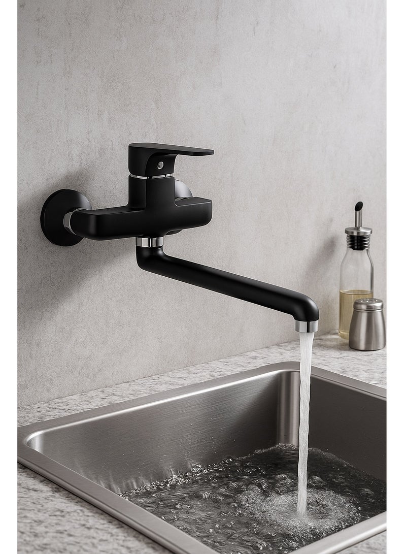 GS Rubinetterie Single Lever Wall Mounted Kitchen Sink Faucet Black Chrome - 2472BC - Image 5