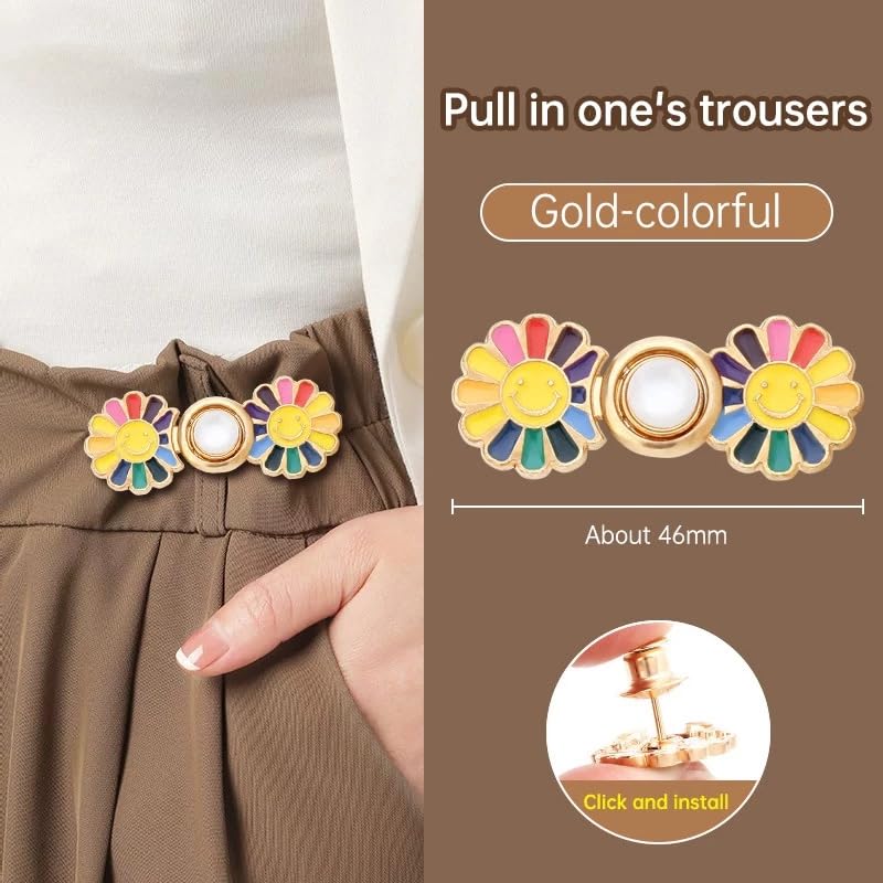ZURATO Colorfull Sun Flower Adjustable Jean Button, Pant Waist Tightener Pins, No Sew and No Tools Detachable Decorative Button, Waist Adjustment Buttons Extender (Colorful - Gold, Pack of - 2) - Image 4