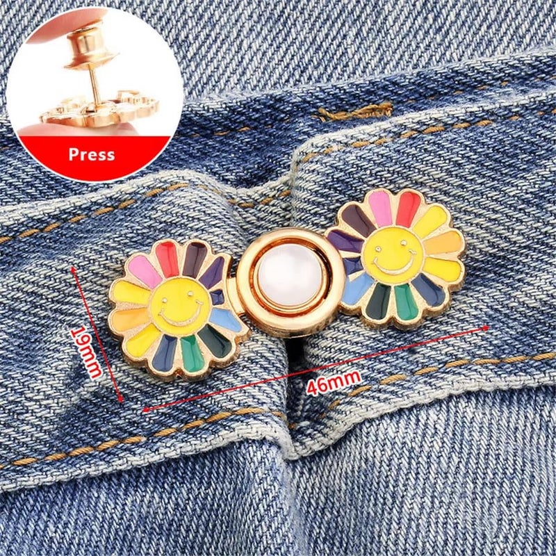 ZURATO Colorfull Sun Flower Adjustable Jean Button, Pant Waist Tightener Pins, No Sew and No Tools Detachable Decorative Button, Waist Adjustment Buttons Extender (Colorful - Gold, Pack of - 2) - Image 3