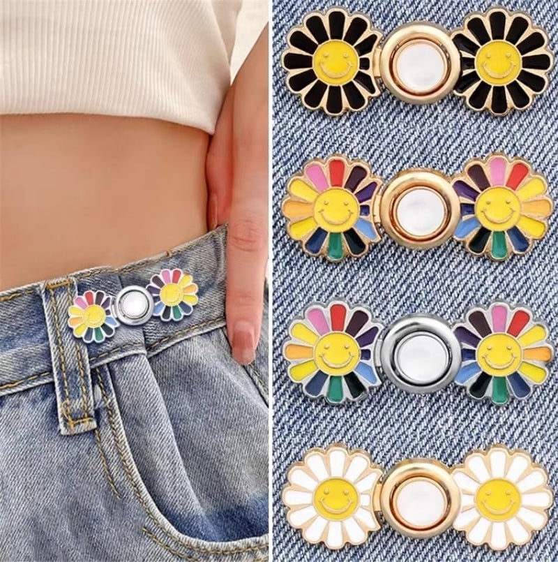 ZURATO Colorfull Sun Flower Adjustable Jean Button, Pant Waist Tightener Pins, No Sew and No Tools Detachable Decorative Button, Waist Adjustment Buttons Extender (Colorful - Gold, Pack of - 2) - Image 2