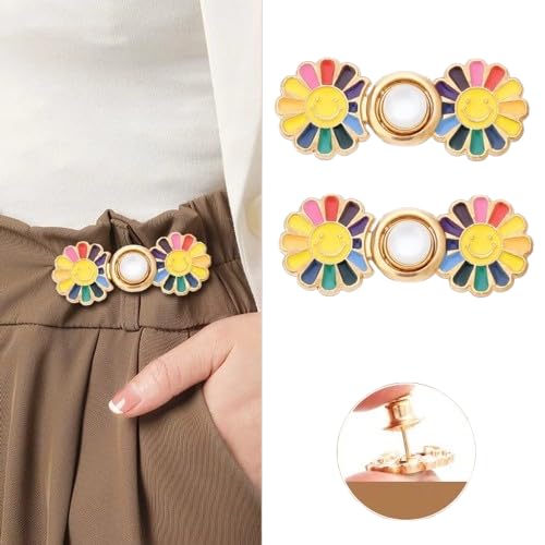 ZURATO Colorfull Sun Flower Adjustable Jean Button, Pant Waist Tightener Pins, No Sew and No Tools Detachable Decorative Button, Waist Adjustment Buttons Extender (Colorful - Gold, Pack of - 2) - Image 1