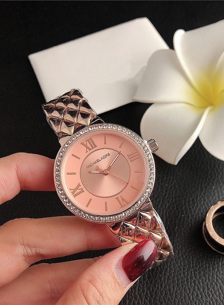 Michael Kors Stopwatches MK Women's Watch Rose Gold Tone Strap with Rhombic Textured Design and  Pink Dial Adorned with Sparkling Crystals