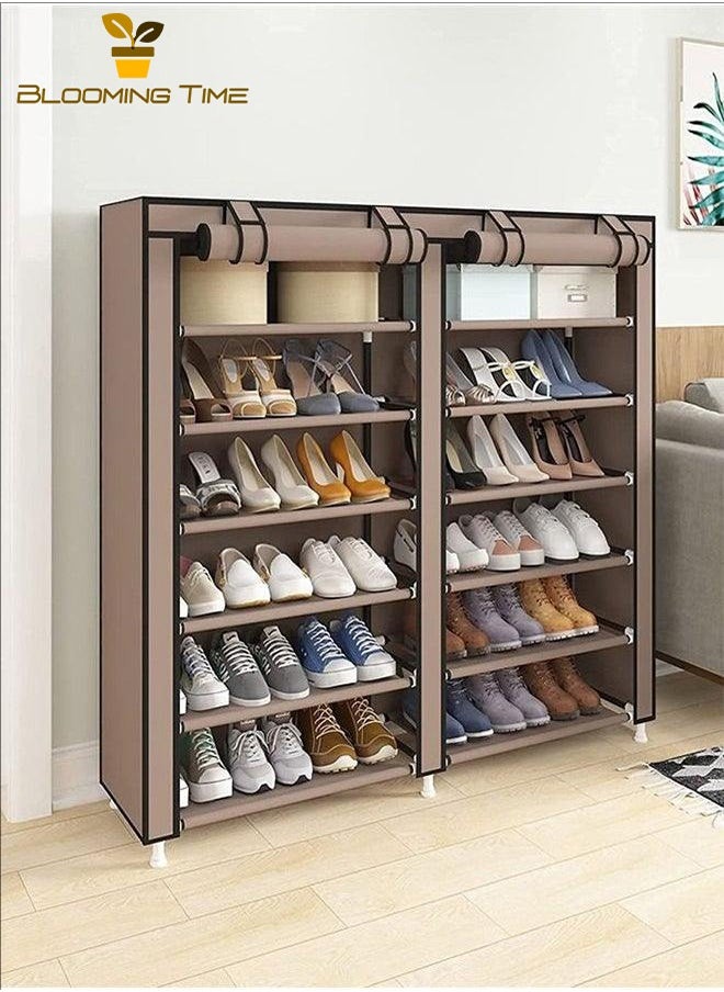 BLOOMING TIME - Double-Row Shoe Rack, Large-Capacity Storage, Bold Galvanized Pipe, Rolling Door Velcro, Multi-Layer Combination, Thickened Non-Anti-Cloth, Thickened PP Interface, Anti-Rust, Strong Load-Bearing, Can Be Used In Dormitories, Entrances, Living Rooms, Coffee - Image 1
