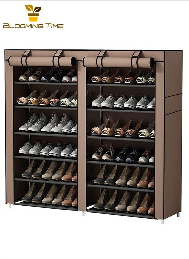 BLOOMING TIME - Double-Row Shoe Rack, Large-Capacity Storage, Bold Galvanized Pipe, Rolling Door Velcro, Multi-Layer Combination, Thickened Non-Anti-Cloth, Thickened PP Interface, Anti-Rust, Strong Load-Bearing, Can Be Used In Dormitories, Entrances, Living Rooms, Coffee - Image 1