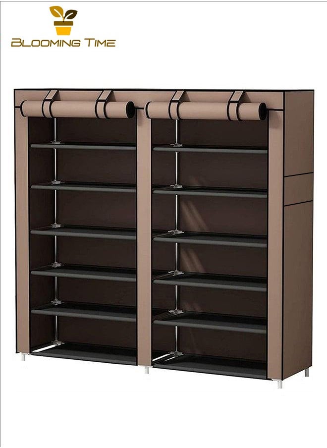 BLOOMING TIME - Double-Row Shoe Rack, Large-Capacity Storage, Bold Galvanized Pipe, Rolling Door Velcro, Multi-Layer Combination, Thickened Non-Anti-Cloth, Thickened PP Interface, Anti-Rust, Strong Load-Bearing, Can Be Used In Dormitories, Entrances, Living Rooms, Coffee - Image 1