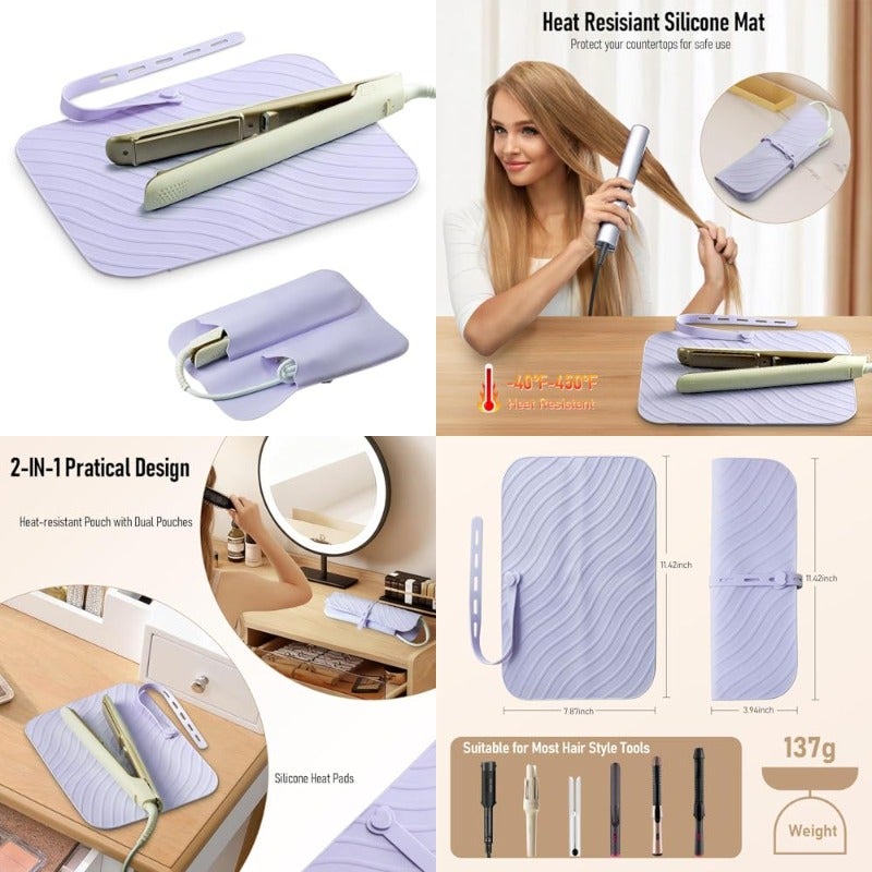 Purple Heat Resistant Silicone Mat Pouch for Hair Straightener Flat Iron and Curling Iron 2 in 1 Portable Hot Hair Tools Travel Mat Foldable Storage Case for Salon and Home Use - Image 1