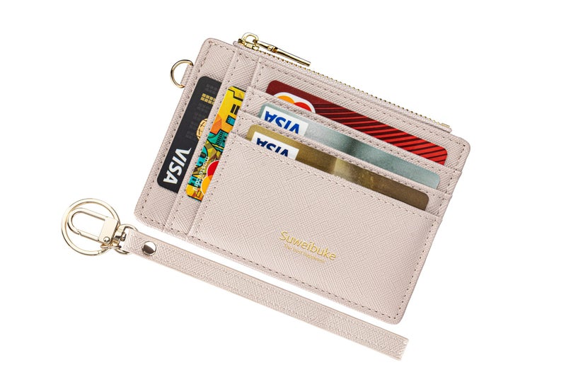 Wikavanli Women Slim Rfid Blocking Credit Card Case Holder Wristlet Zip ID Case Wallet Small Compact Leather Wallet Coin Purse with Keychain(Light Sand) - Image 1