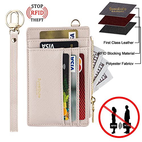 Wikavanli Women Slim Rfid Blocking Credit Card Case Holder Wristlet Zip ID Case Wallet Small Compact Leather Wallet Coin Purse with Keychain(Light Sand) - Image 4
