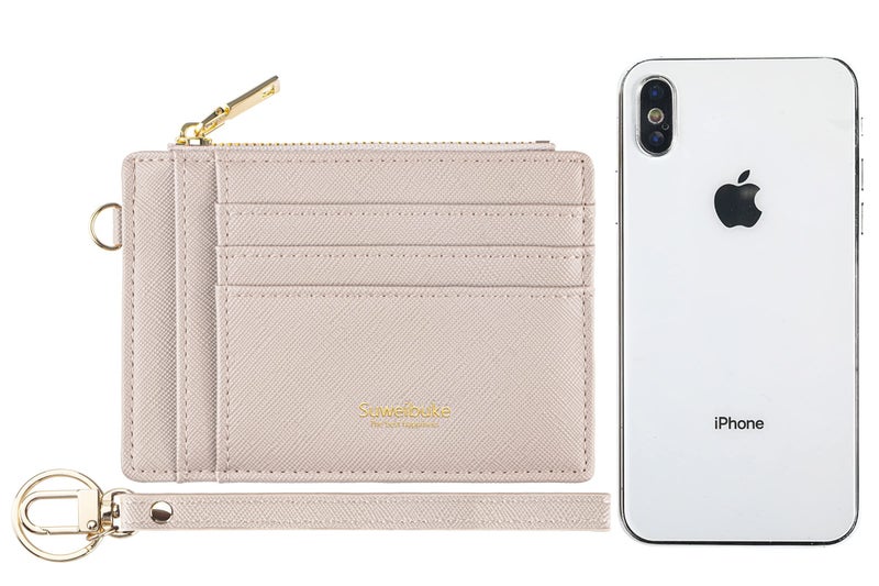 Wikavanli Women Slim Rfid Blocking Credit Card Case Holder Wristlet Zip ID Case Wallet Small Compact Leather Wallet Coin Purse with Keychain(Light Sand) - Image 3