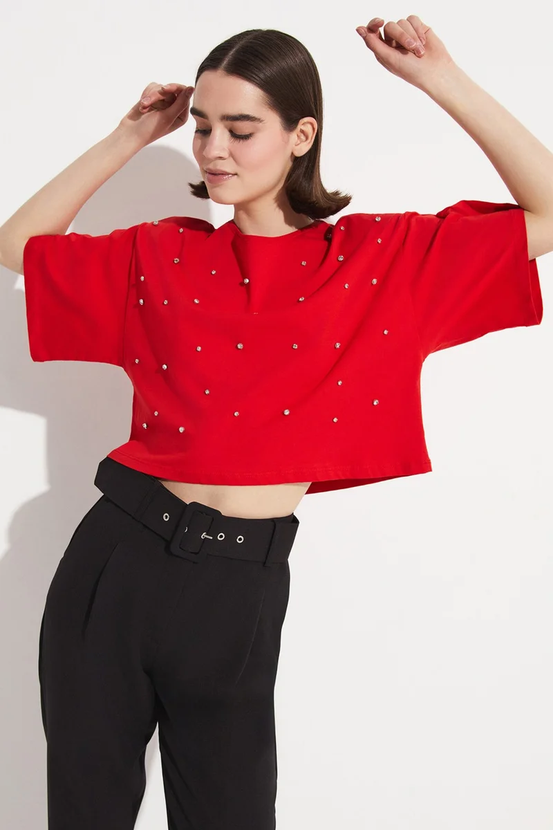 جون Stone Detailed 100% Cotton Crop T-Shirt