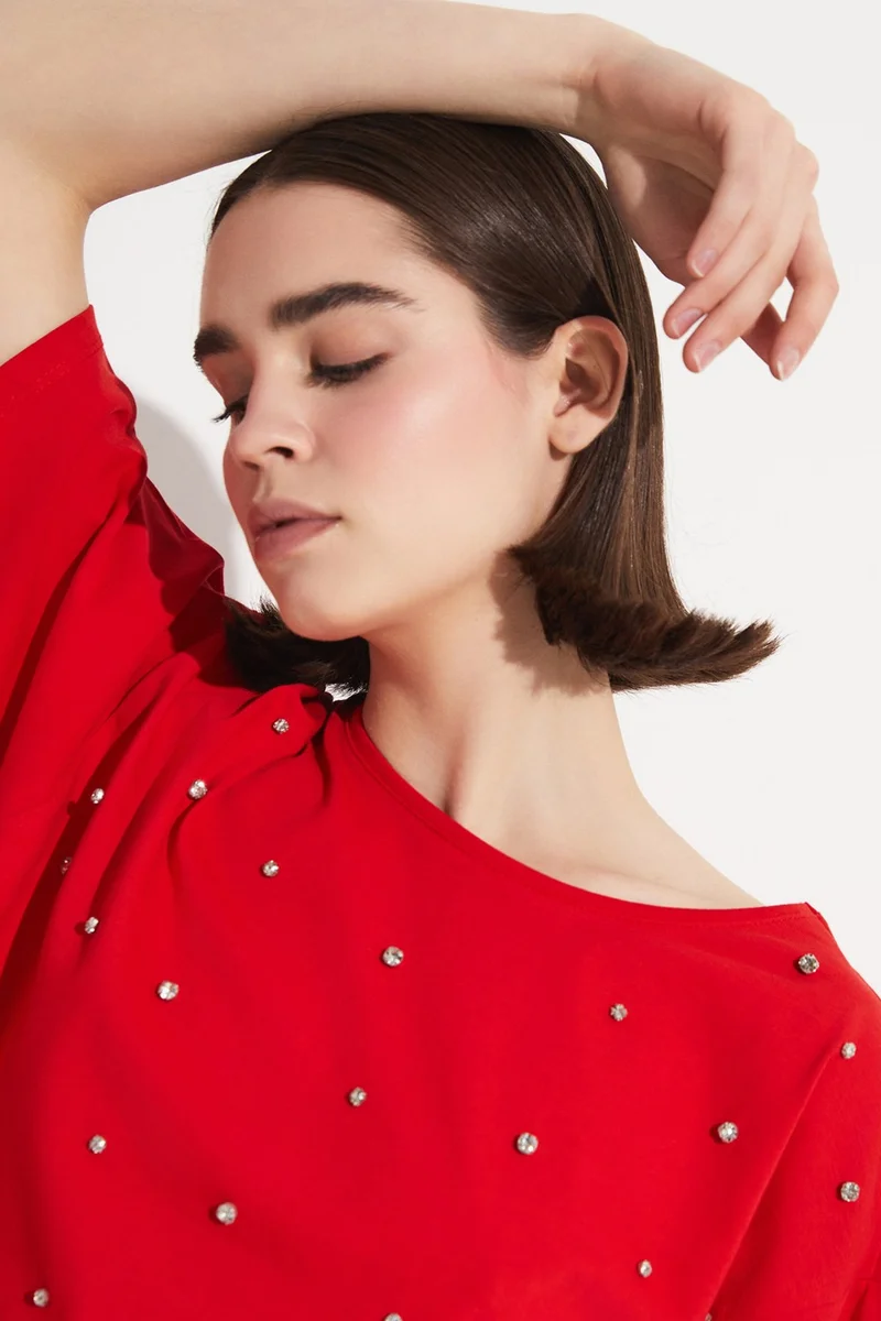 جون Stone Detailed 100% Cotton Crop T-Shirt