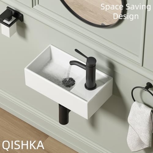 QISHKA Small Wall Mount Bathroom Vessel Sink, 15.6" X 8.6" Rectangular Floating Ceramic Wash Hand Basin - White Wall Hung Vanity Sink with Overflow for Small Bathroom (Right Hand) - Image 3