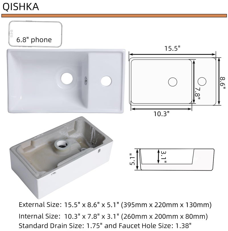 QISHKA Small Wall Mount Bathroom Vessel Sink, 15.6" X 8.6" Rectangular Floating Ceramic Wash Hand Basin - White Wall Hung Vanity Sink with Overflow for Small Bathroom (Right Hand) - Image 5