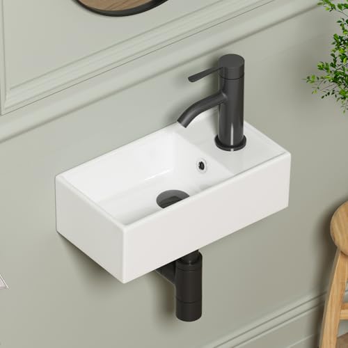 QISHKA Small Wall Mount Bathroom Vessel Sink, 15.6" X 8.6" Rectangular Floating Ceramic Wash Hand Basin - White Wall Hung Vanity Sink with Overflow for Small Bathroom (Right Hand) - Image 1