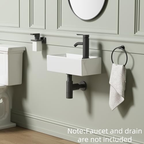 QISHKA Small Wall Mount Bathroom Vessel Sink, 15.6" X 8.6" Rectangular Floating Ceramic Wash Hand Basin - White Wall Hung Vanity Sink with Overflow for Small Bathroom (Right Hand) - Image 4