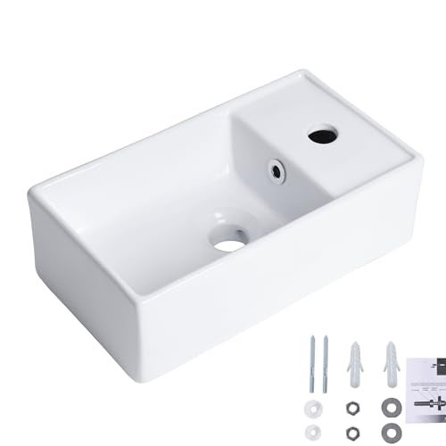 QISHKA Small Wall Mount Bathroom Vessel Sink, 15.6" X 8.6" Rectangular Floating Ceramic Wash Hand Basin - White Wall Hung Vanity Sink with Overflow for Small Bathroom (Right Hand) - Image 2