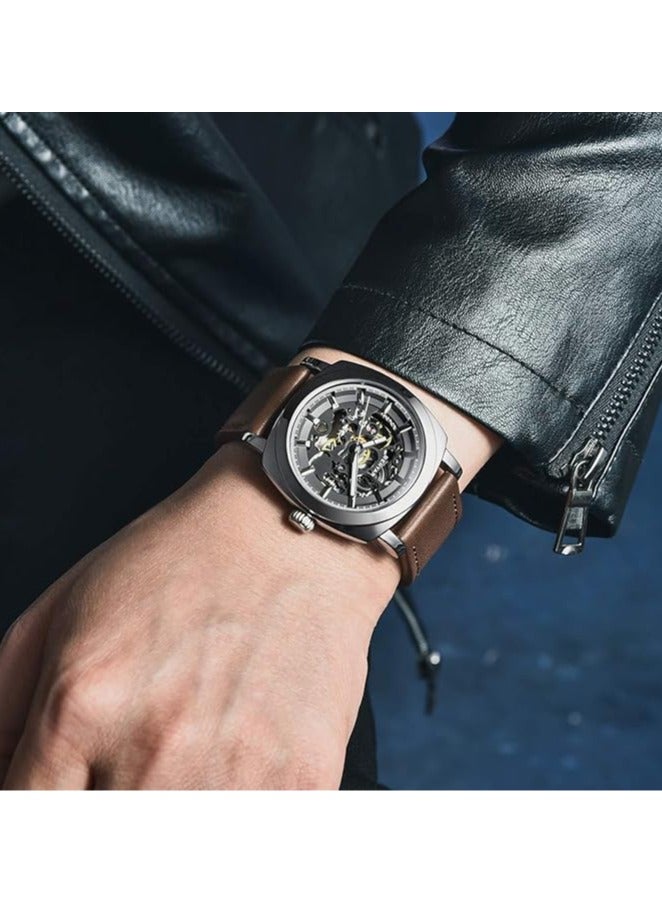 بينيار ساعة رجالية أوتوماتيكية ، حزام جلد هيكل عظمي حركة ميكانيكية مقاوم للماء ساعة رجالية مؤشر لوم بواسطة-5121 فضي بني - Image 2