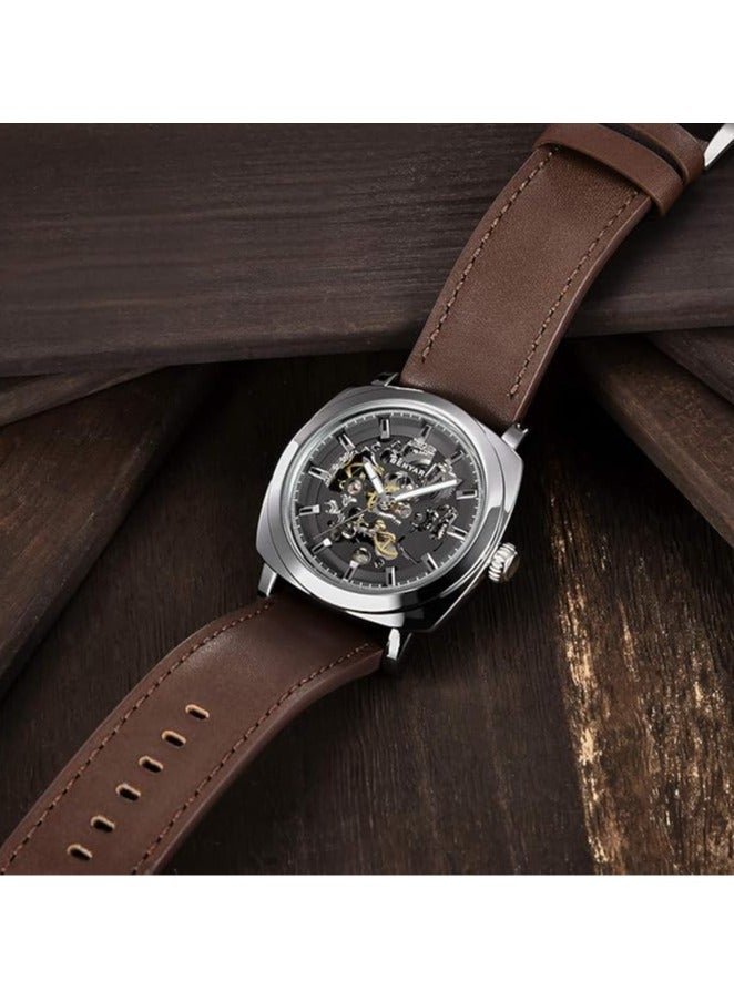 بينيار ساعة رجالية أوتوماتيكية ، حزام جلد هيكل عظمي حركة ميكانيكية مقاوم للماء ساعة رجالية مؤشر لوم بواسطة-5121 فضي بني - Image 4