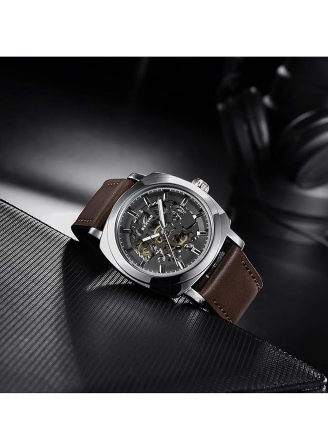 بينيار ساعة رجالية أوتوماتيكية ، حزام جلد هيكل عظمي حركة ميكانيكية مقاوم للماء ساعة رجالية مؤشر لوم بواسطة-5121 فضي بني - Image 3