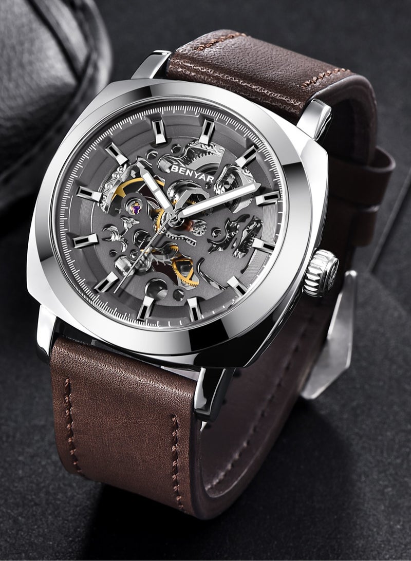 بينيار ساعة رجالية أوتوماتيكية ، حزام جلد هيكل عظمي حركة ميكانيكية مقاوم للماء ساعة رجالية مؤشر لوم بواسطة-5121 فضي بني - Image 5