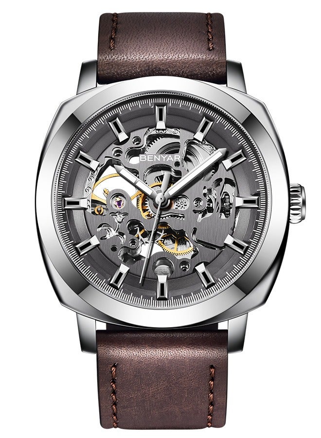 بينيار ساعة رجالية أوتوماتيكية ، حزام جلد هيكل عظمي حركة ميكانيكية مقاوم للماء ساعة رجالية مؤشر لوم بواسطة-5121 فضي بني - Image 1