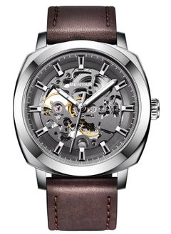 BENYAR Men's automatic watch, leather strap skeleton mechanical movement waterproof watch men's Lume pointer BY-5121 silver brown  - Image 1