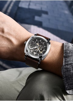 BENYAR Men's automatic watch, leather strap skeleton mechanical movement waterproof watch men's Lume pointer BY-5121 silver brown  - Image 2