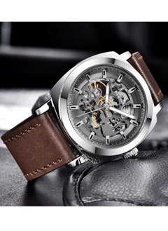 BENYAR Men's automatic watch, leather strap skeleton mechanical movement waterproof watch men's Lume pointer BY-5121 silver brown  - Image 3