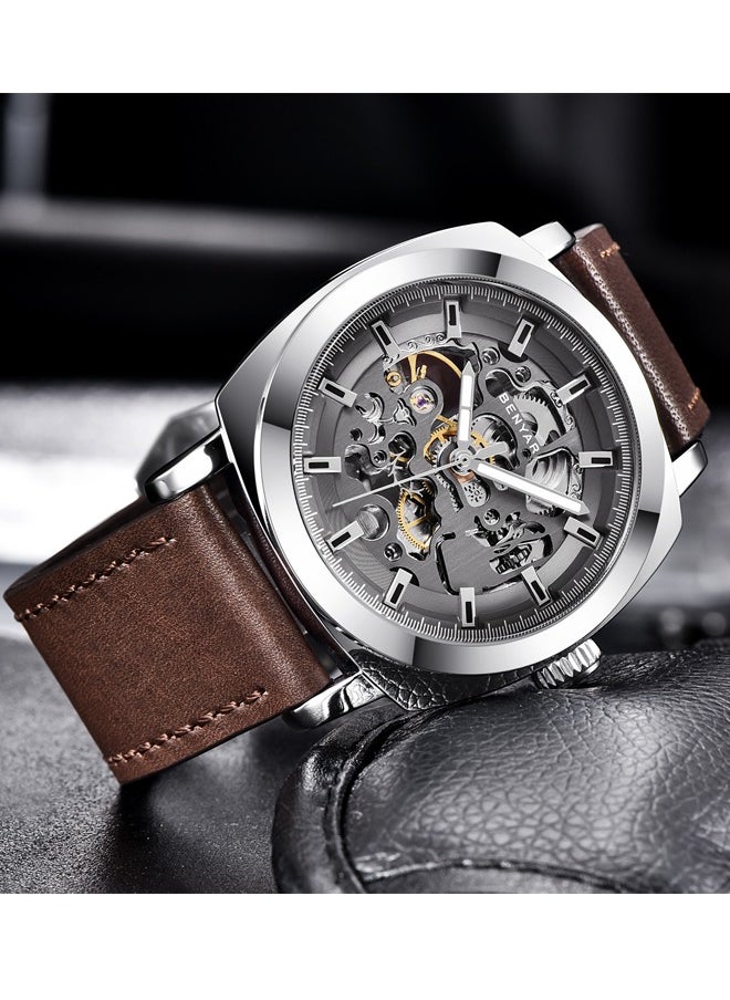 BENYAR - Men's automatic watch, leather strap skeleton mechanical movement waterproof watch men's Lume pointer BY-5121 silver brown - Image 1