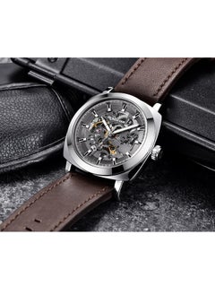 BENYAR Men's automatic watch, leather strap skeleton mechanical movement waterproof watch men's Lume pointer BY-5121 silver brown  - Image 4